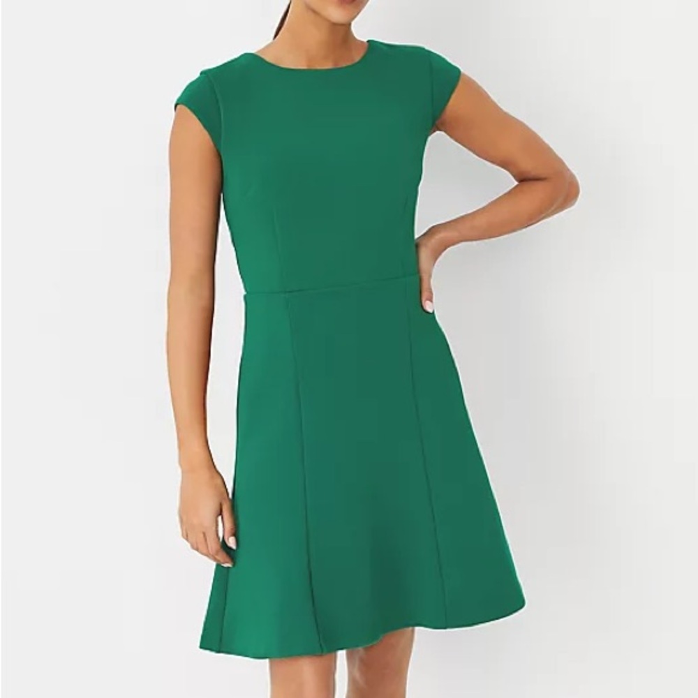 Ann Taylor Green Cap-Sleeve Fit-and-Flare Midi Dress
